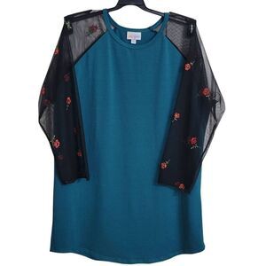 LuLaRoe Sz L Embroidered Floral Lace Sleeve Teal